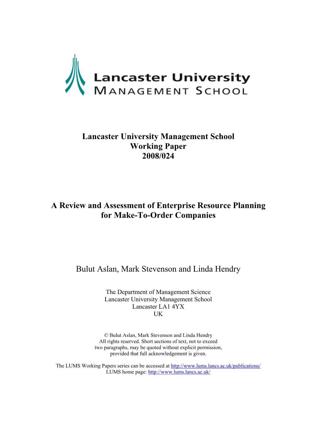 Lancaster University Management School Working Paper 2008/024