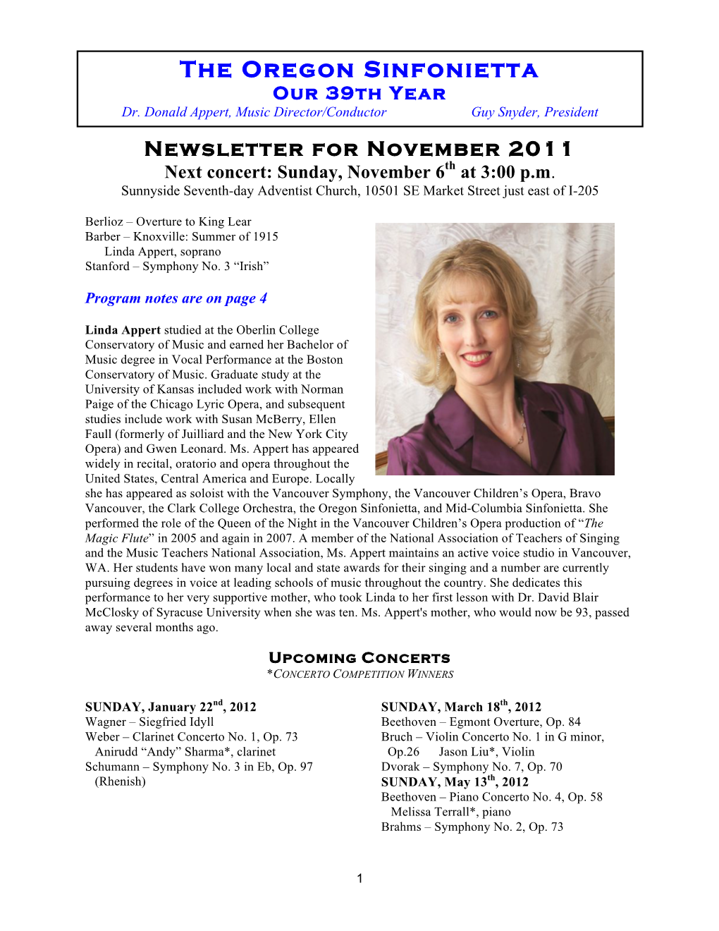 Newsletter for November 2011 Next Concert: Sunday, November 6Th at 3:00 P.M