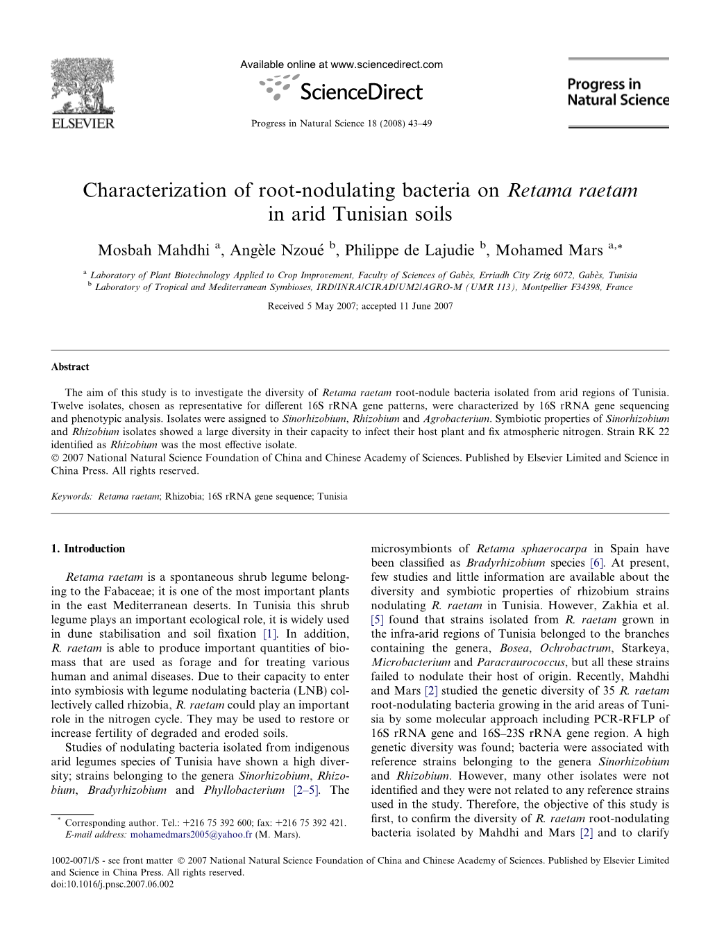 Characterization of Root-Nodulating Bacteria on Retama Raetam in Arid Tunisian Soils