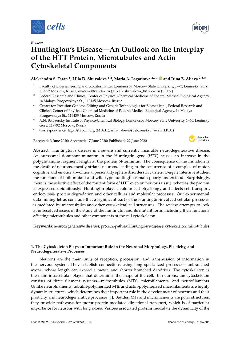 Huntington's Disease—An Outlook on the Interplay of the HTT Protein, Microtubules and Actin Cytoskeletal Components