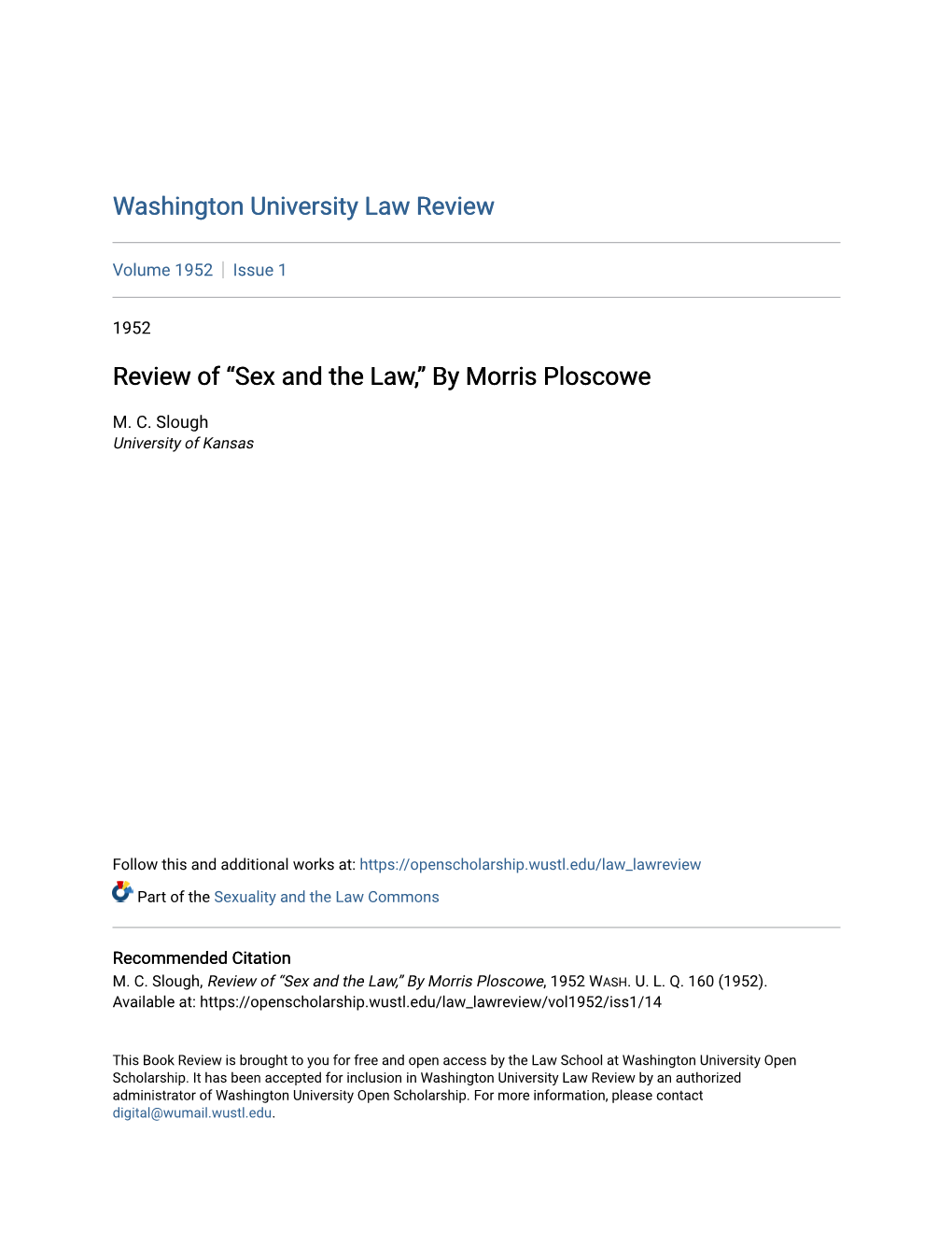 Review of Â•Œsex and the Law,Â•Š by Morris Ploscowe