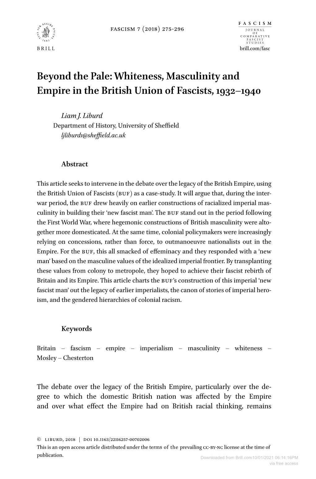 Whiteness, Masculinity and Empire in the British Union of Fascists, 1932–1940