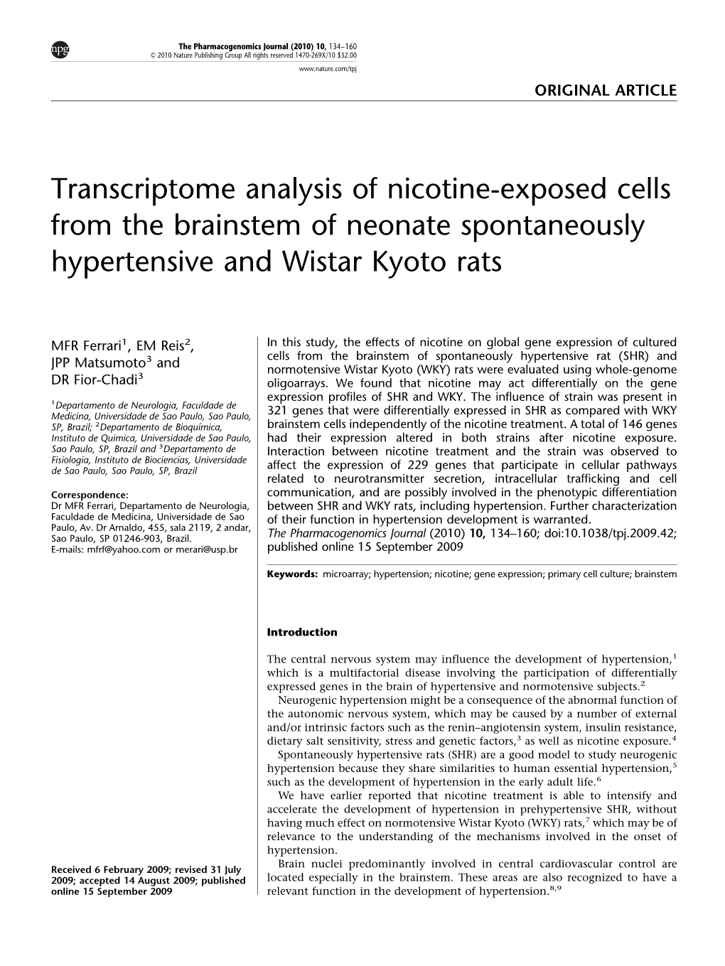 Transcriptome Analysis of Nicotine-Exposed Cells from the Brainstem of Neonate Spontaneously Hypertensive and Wistar Kyoto Rats