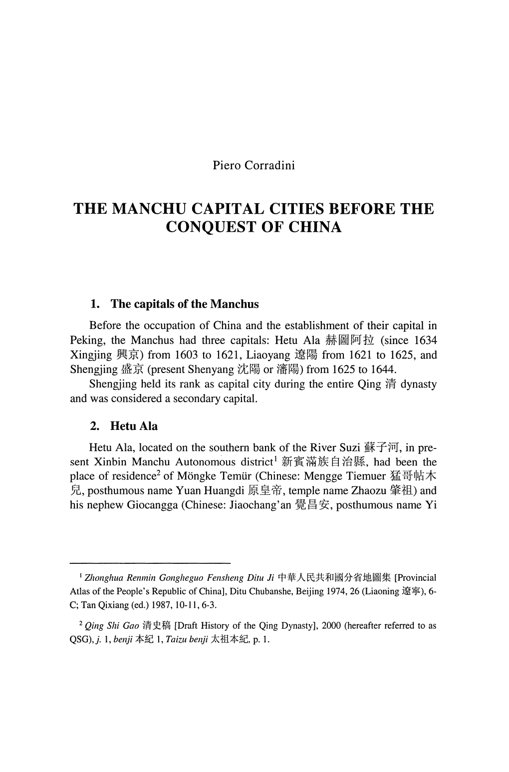 The Manchu Capital Cities Before the Conquest of China