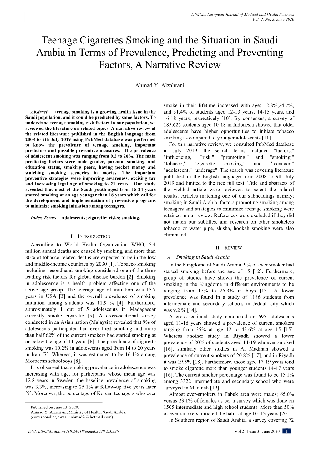 Teenage Cigarettes Smoking and the Situation in Saudi Arabia in Terms of Prevalence, Predicting and Preventing Factors, a Narrative Review