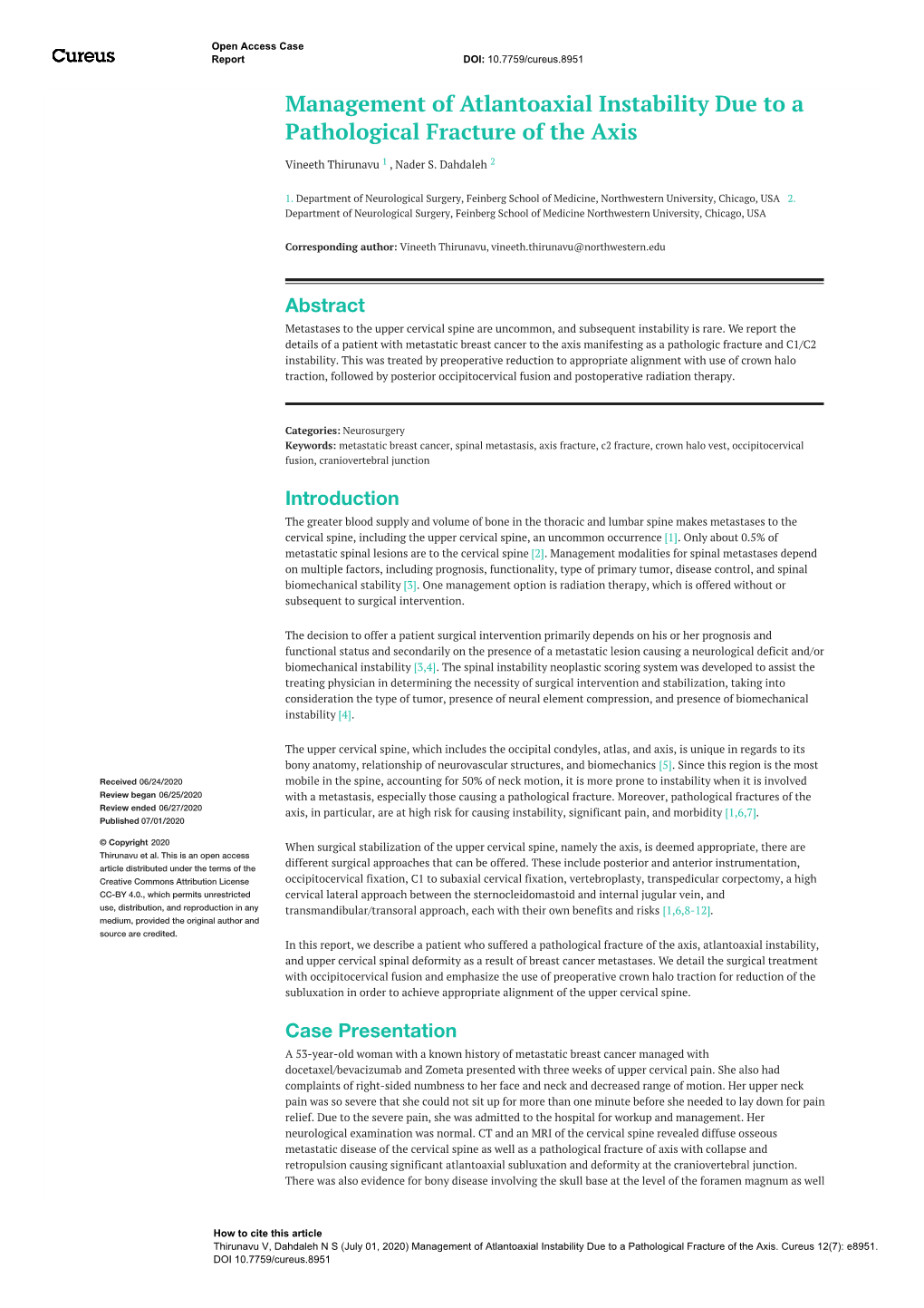 Management of Atlantoaxial Instability Due to a Pathological Fracture of the Axis