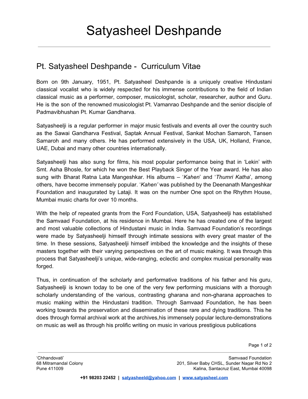 Pt. Satyasheel Deshpande - Curriculum Vitae