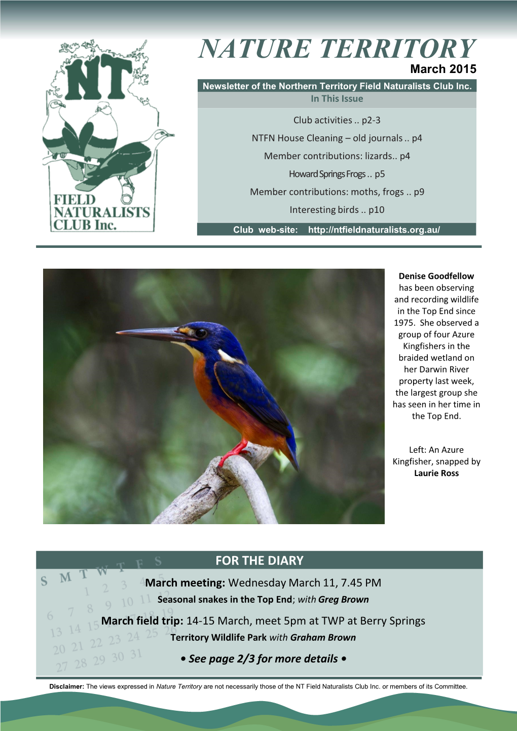 NATURE TERRITORY March 2015 Newsletter of the Northern Territory Field Naturalists Club Inc