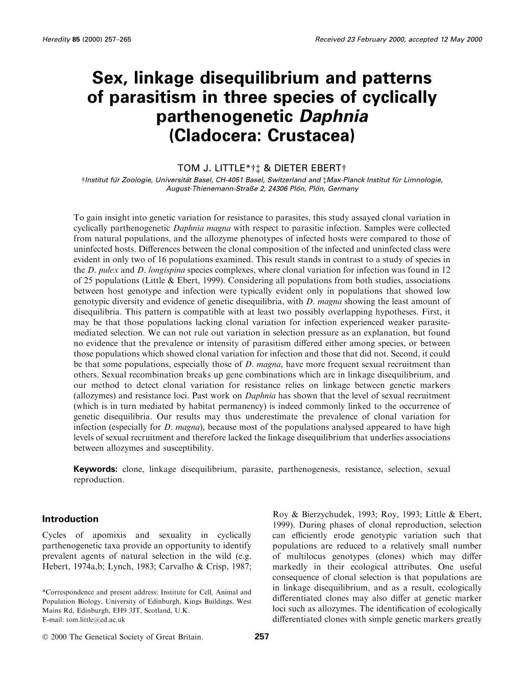 Sex, Linkage Disequilibrium and Patterns of Parasitism in Three Species of Cyclically Parthenogenetic Daphnia (Cladocera: Crustacea)