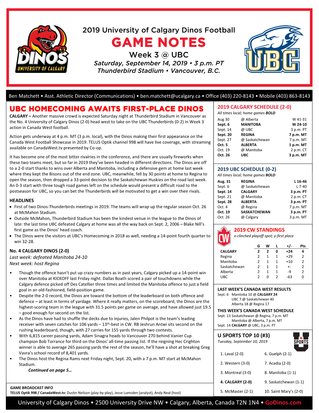 GAME NOTES Week 3 @ UBC Saturday, September 14, 2019 • 3 P.M