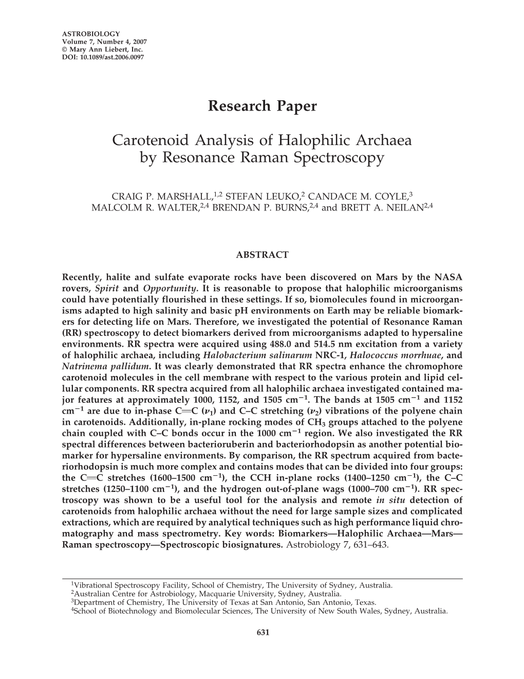 Carotenoid Analysis of Halophilic Archaea by Resonance Raman Spectroscopy