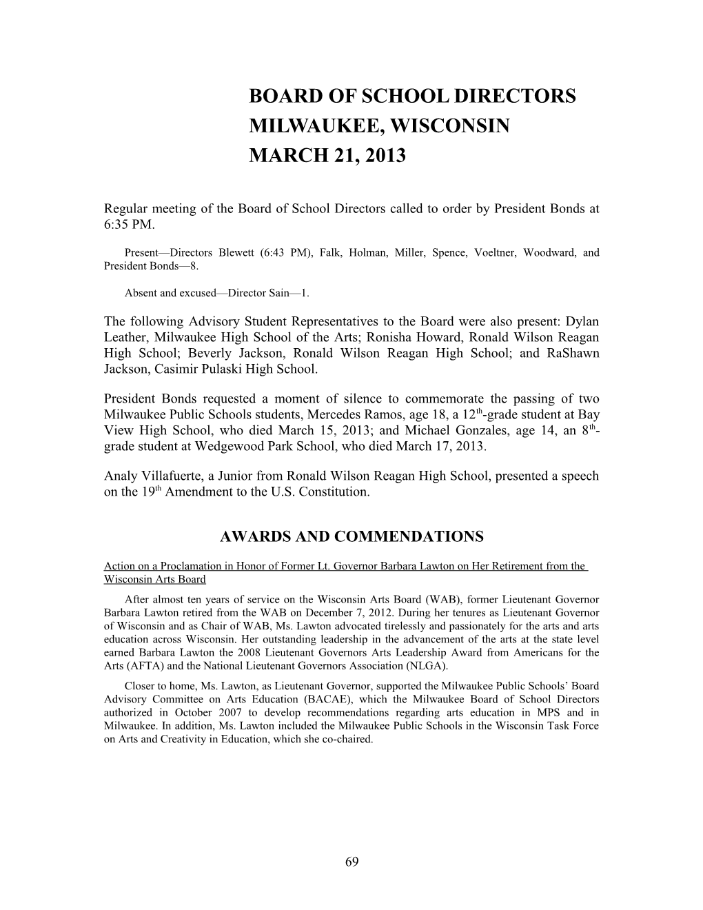 March 2013 Proceedings of the Milwaukee Board of School Directors