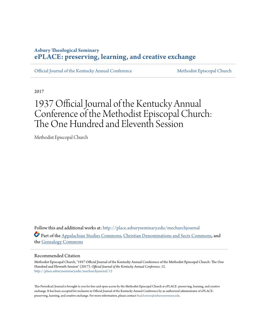 1937 Official Journal of the Kentucky Annual Conference of the Methodist Episcopal Church: the One Hundred and Eleventh Session Methodist Episcopal Church