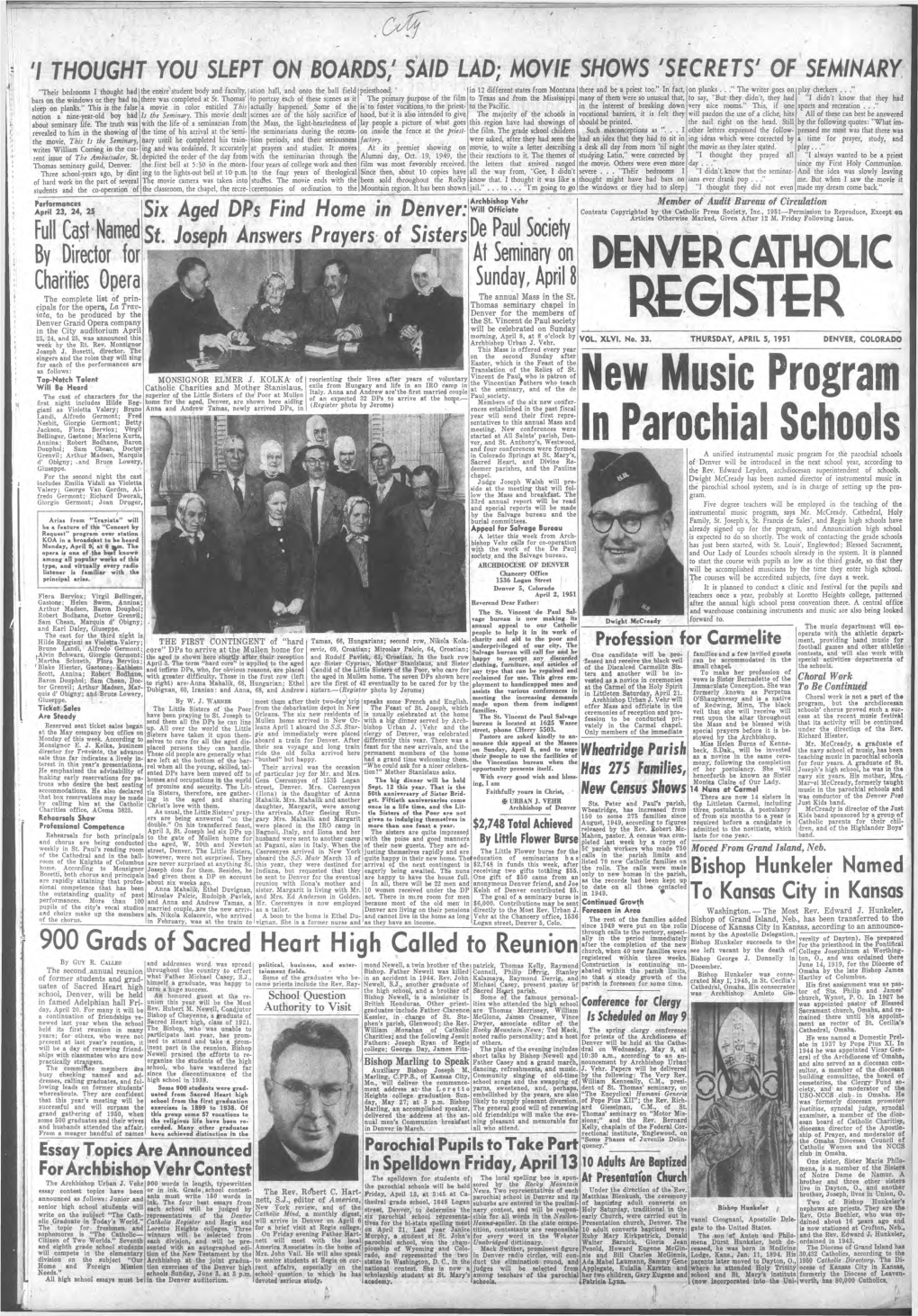 THE DENVER CATHOLIC REGISTER Telephone, Keyitone 4205 Thuridoy, April 5, 1951 Thermo - Electro Mass Schedule Sessions Held at St