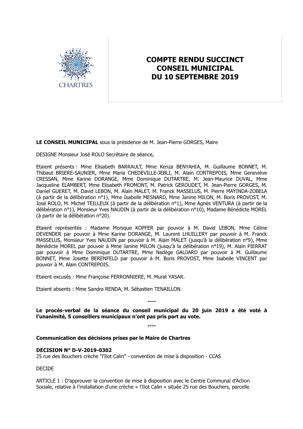 Compte Rendu Succinct Conseil Municipal Du 10 Septembre 2019