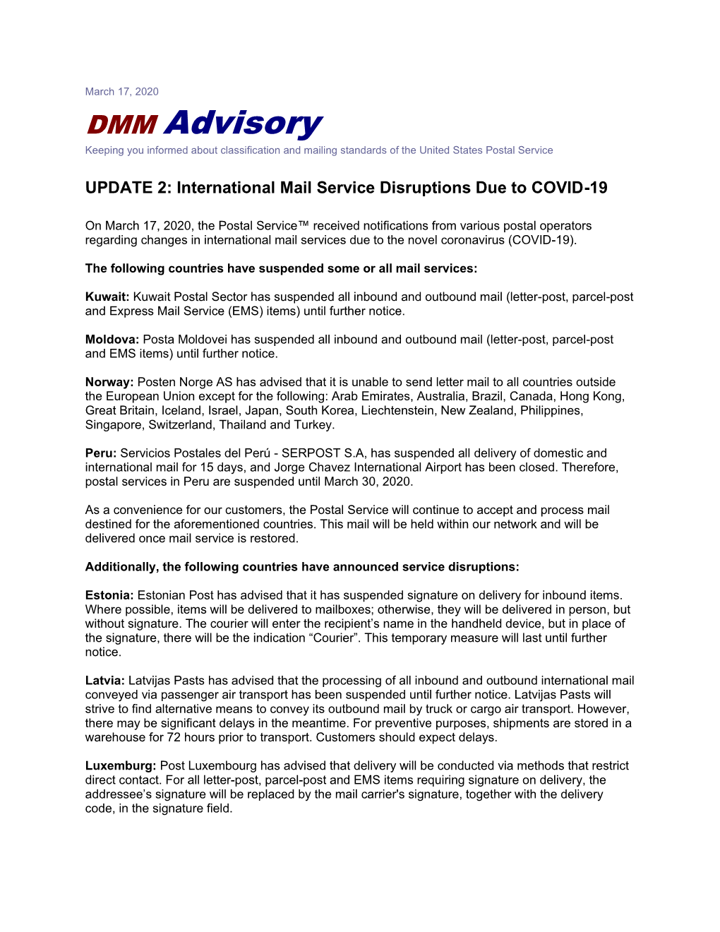 DMM Advisory Keeping You Informed About Classification and Mailing Standards of the United States Postal Service