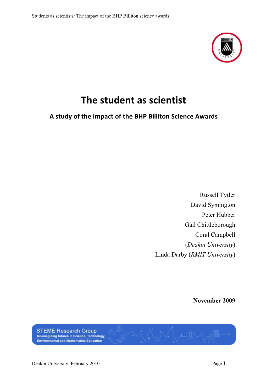 The Student As Scientist a Study of the Impact of the BHP Billiton Science Awards