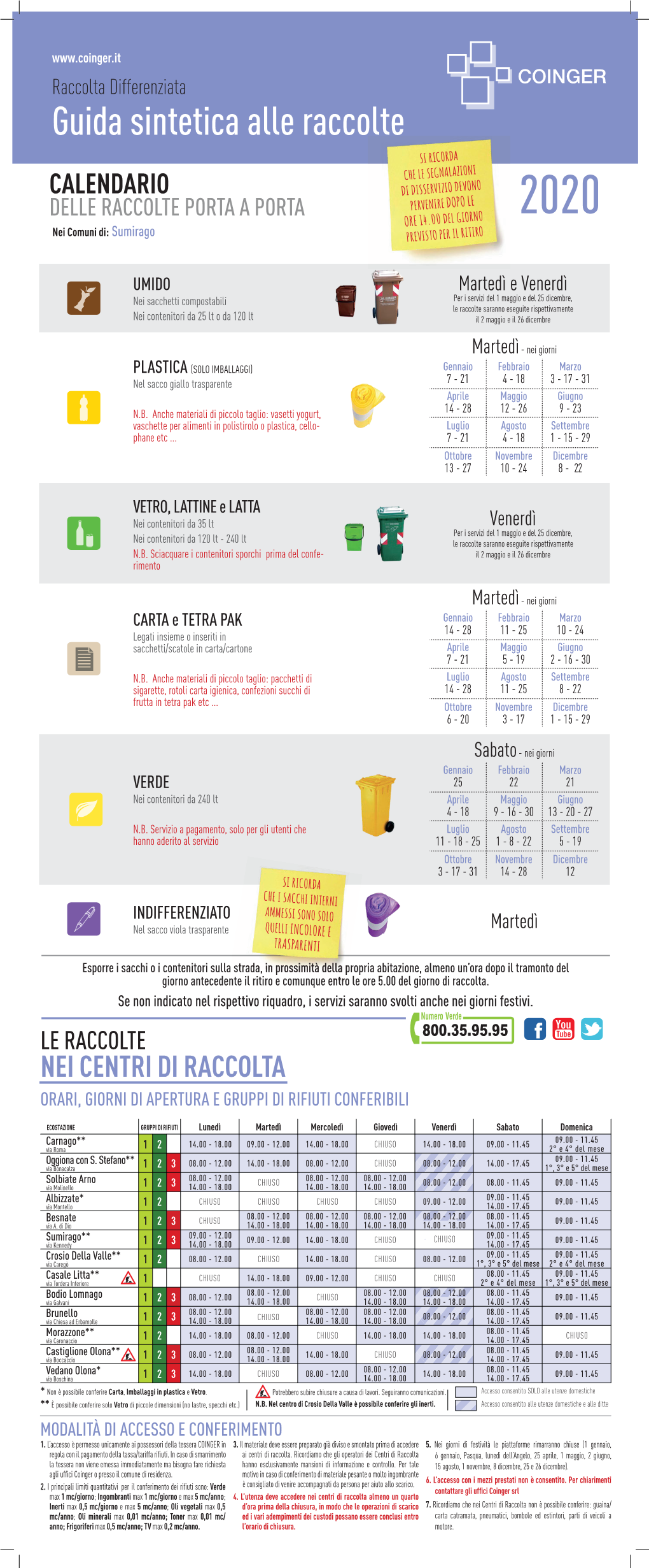 CALENDARIO DELLE RACCOLTE PORTA a PORTA 2020 Nei Comuni Di: Sumirago