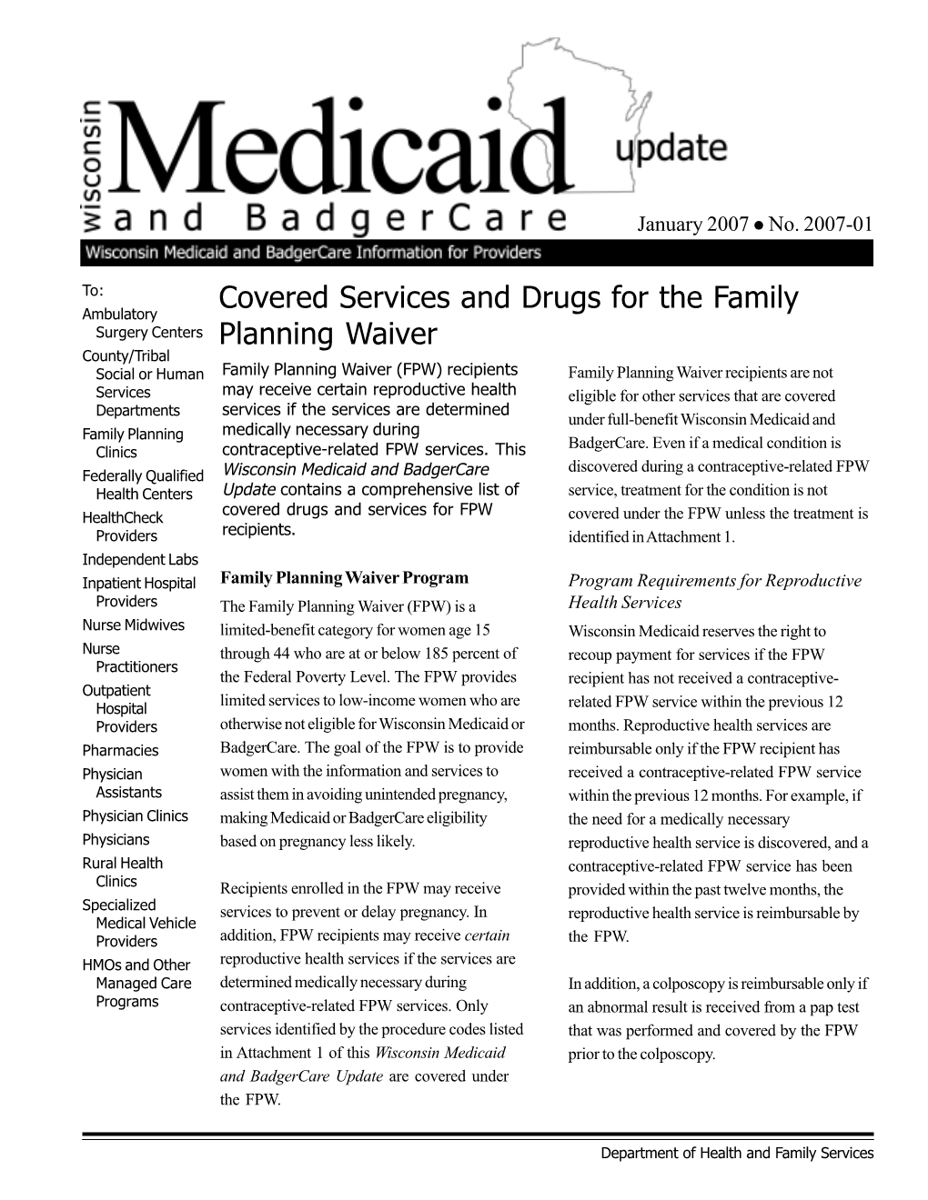 Covered Services and Drugs for the Family Planning Waiver