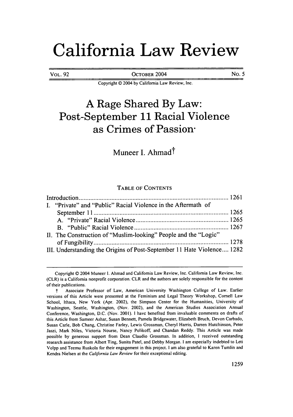 Post-September 11 Racial Violence As Crimes of Passions