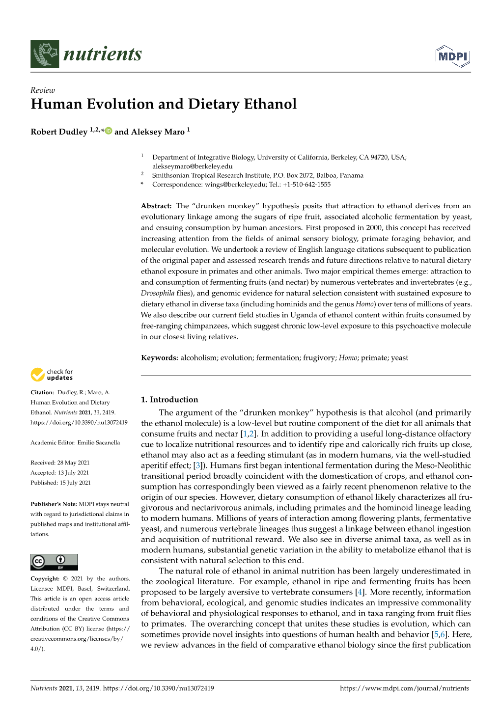 Human Evolution and Dietary Ethanol