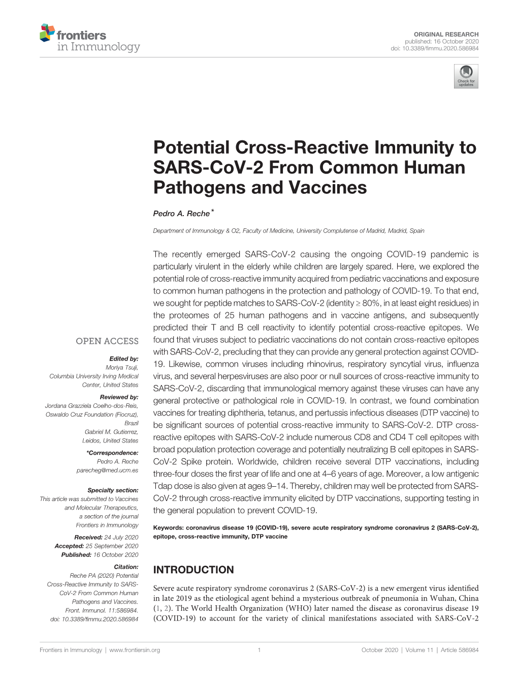 Potential Cross-Reactive Immunity to SARS-Cov-2 from Common Human Pathogens and Vaccines