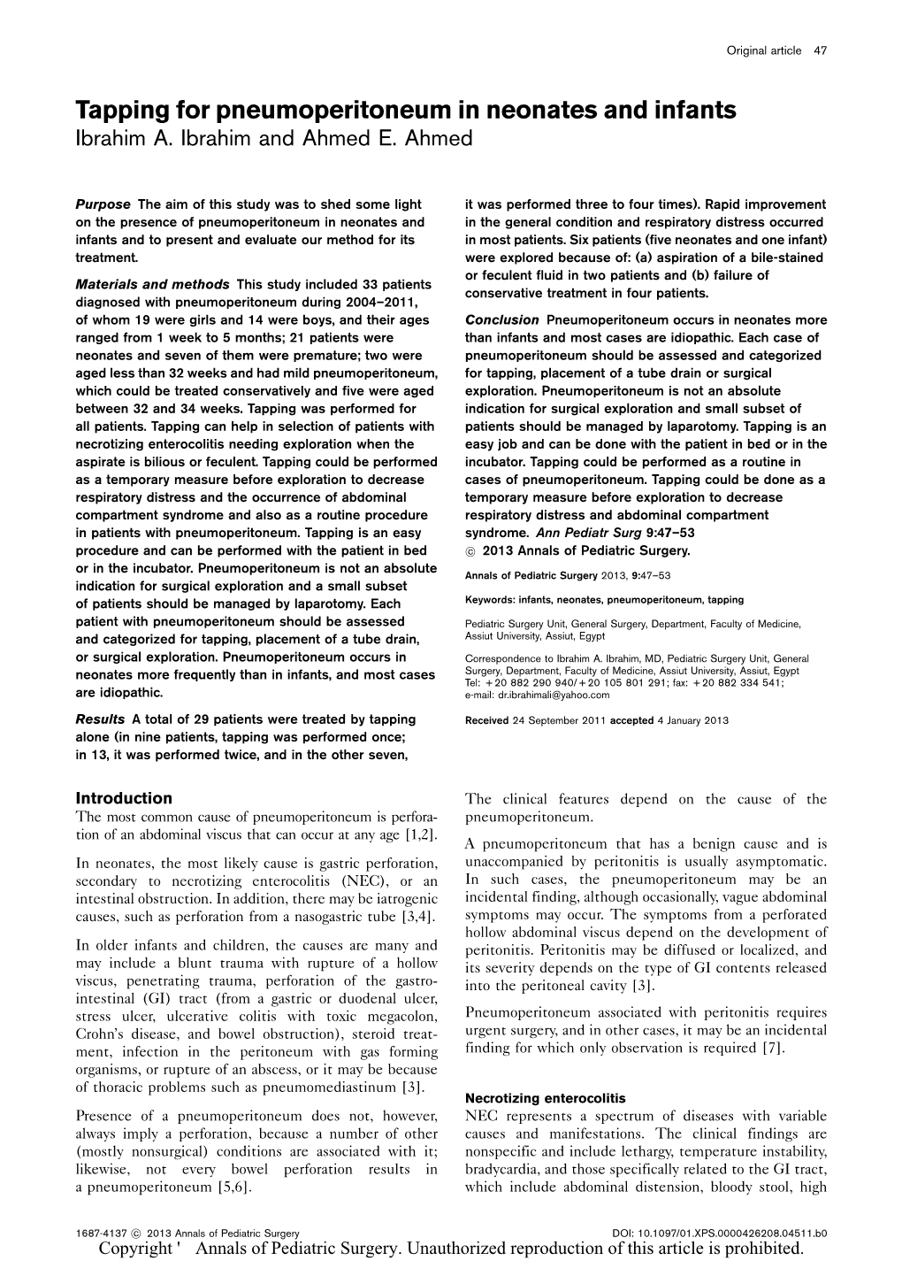 Tapping for Pneumoperitoneum in Neonates and Infants Ibrahim A