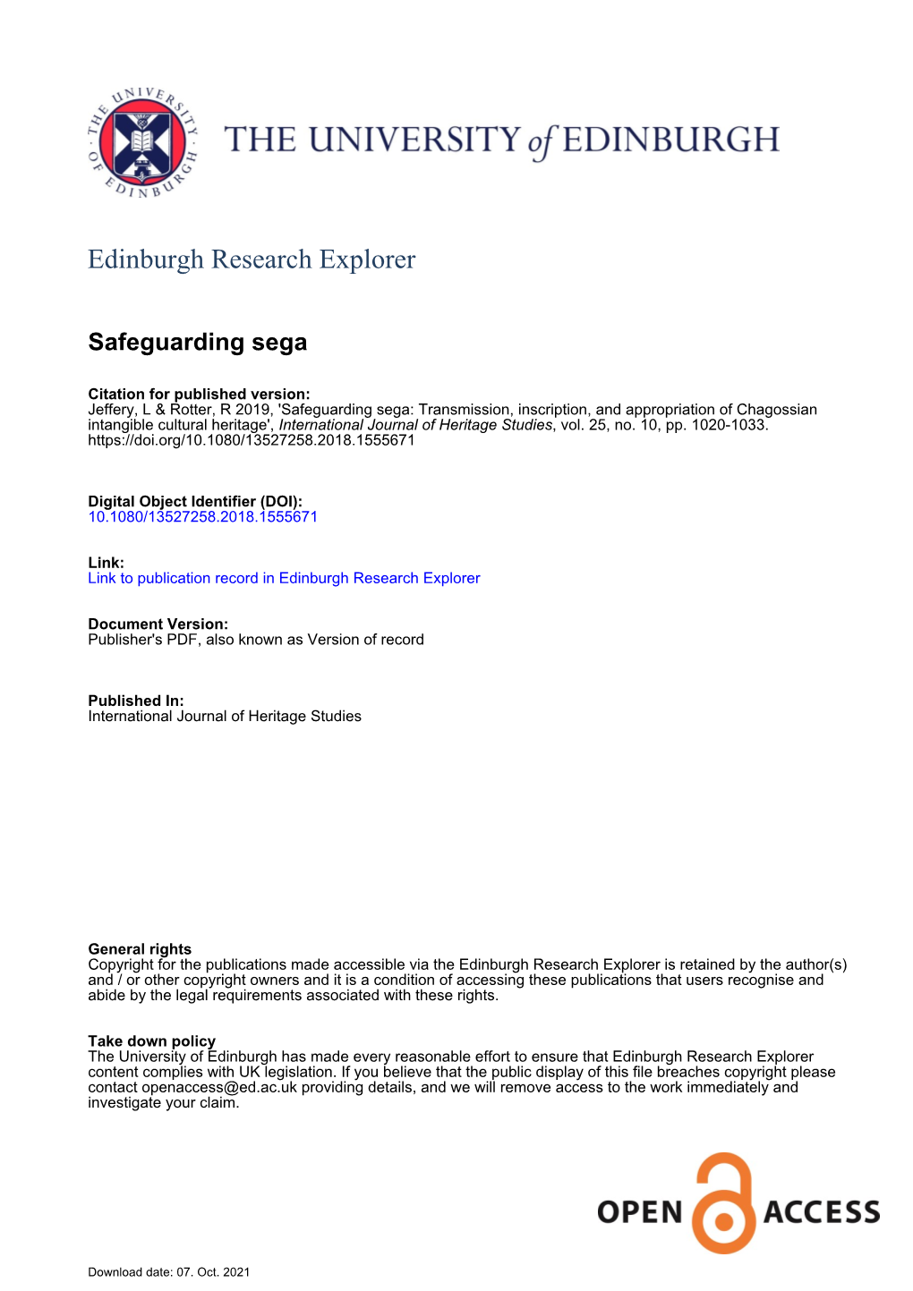 Safeguarding Sega: Transmission, Inscription, and Appropriation of Chagossian Intangible Cultural Heritage', International Journal of Heritage Studies, Vol