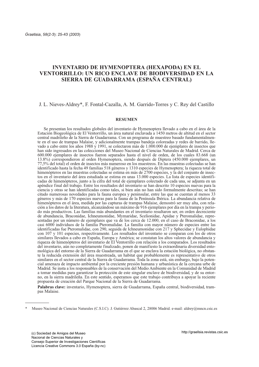 Inventario De Hymenoptera (Hexapoda) En El Ventorrillo: Un Rico Enclave De Biodiversidad En La Sierra De Guadarrama (España Central)