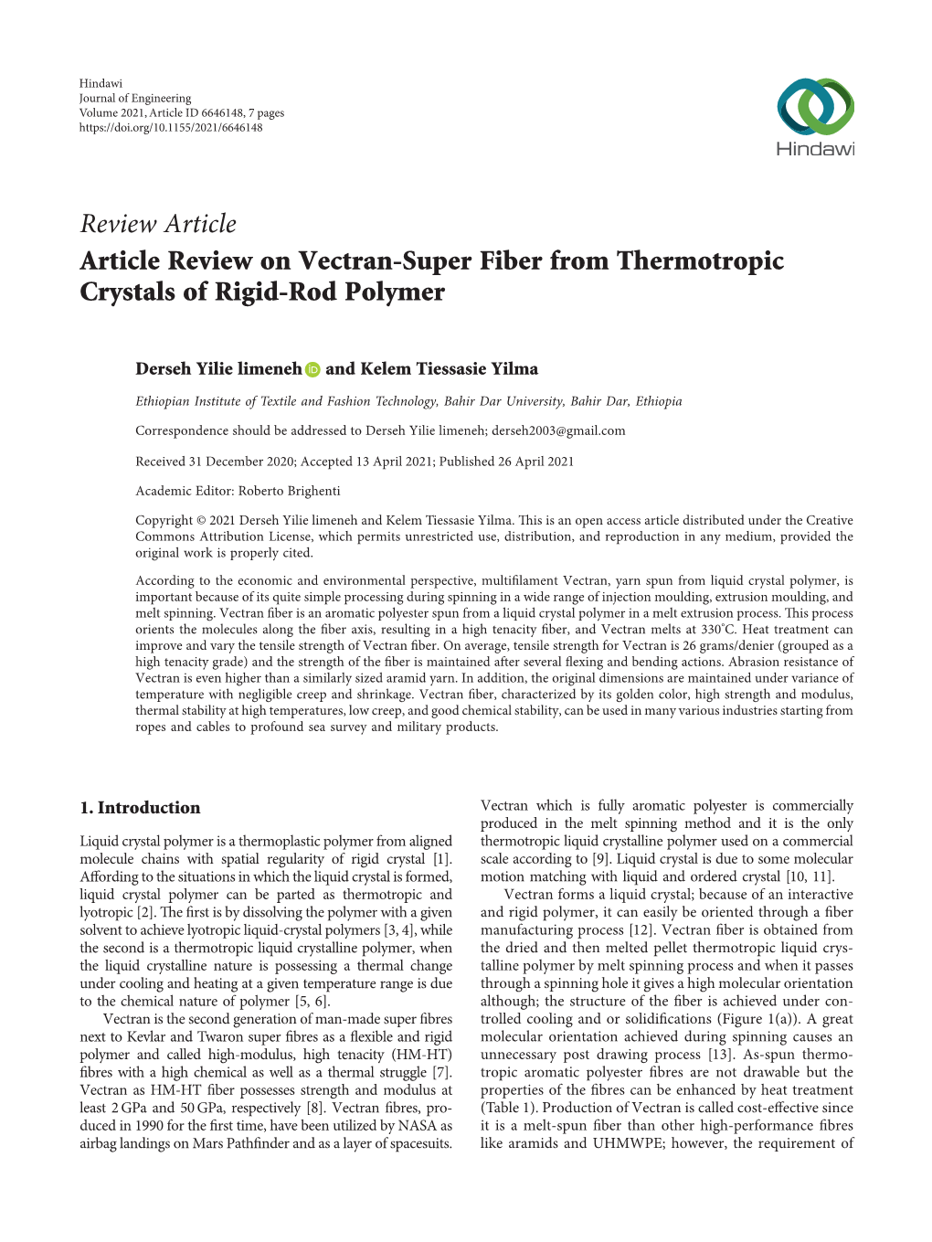 Review Article Article Review on Vectran-Super Fiber from Thermotropic Crystals of Rigid-Rod Polymer