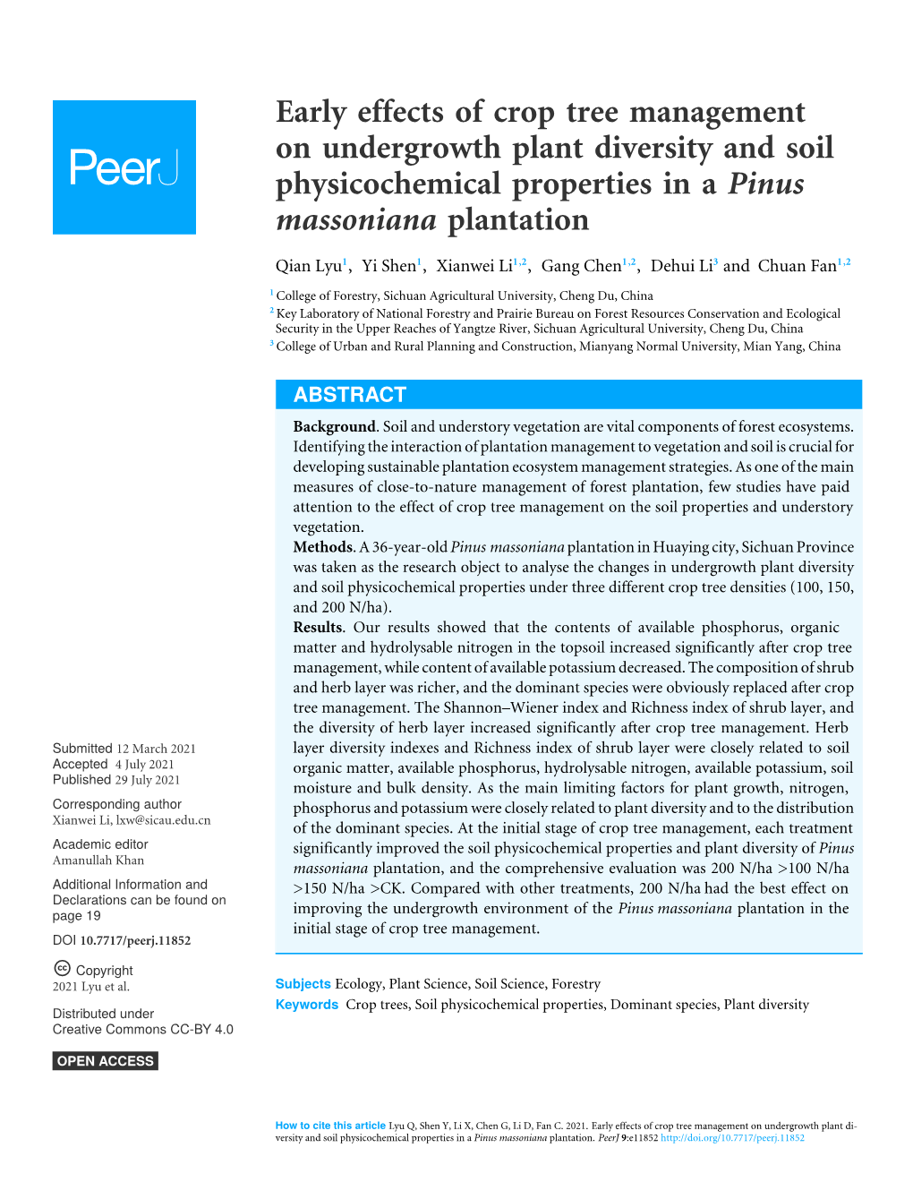 Early Effects of Crop Tree Management on Undergrowth Plant Diversity and Soil Physicochemical Properties in a Pinus Massoniana Plantation