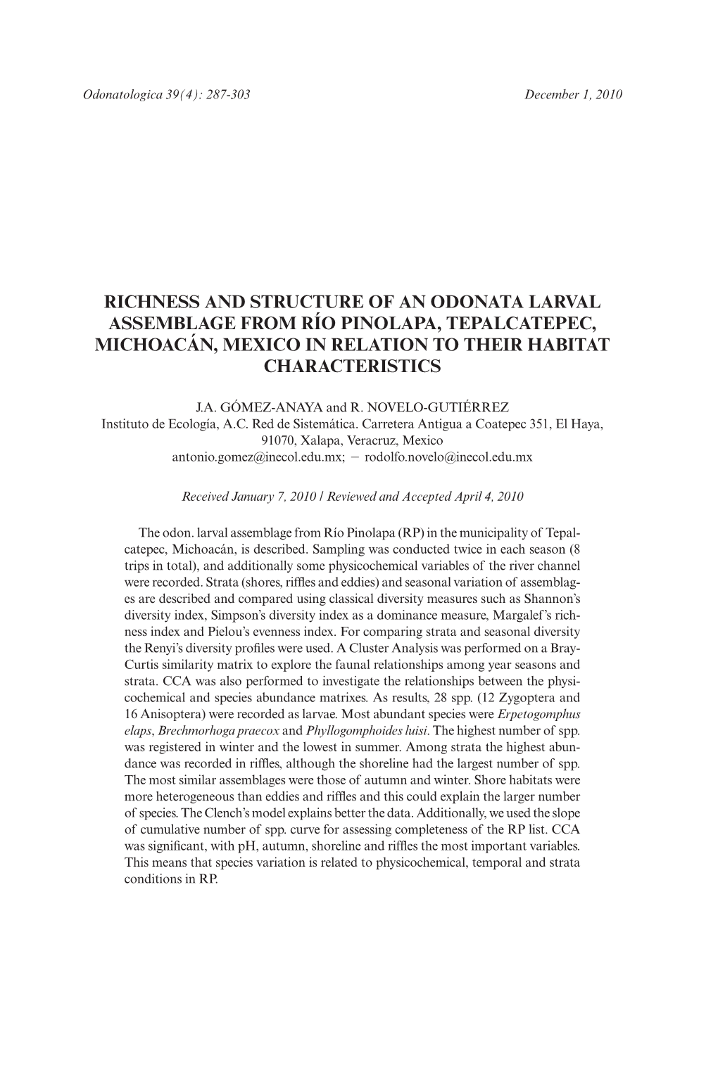 Richness and Structure of an Odonata Larval Assemblage from Río Pinolapa, Tepalcatepec, Michoacán, Mexico in Relation to Their Habitat Characteristics