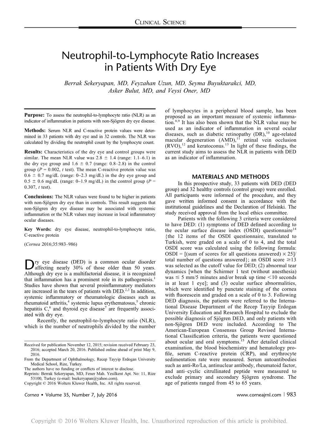Neutrophil-To-Lymphocyte Ratio Increases in Patients with Dry Eye