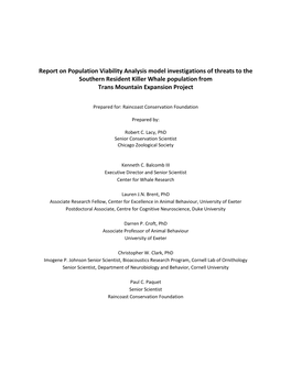 Report on Population Viability Analysis Model Investigations of Threats to the Southern Resident Killer Whale Population from Trans Mountain Expansion Project