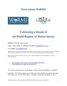 Press Release Worms Celebrating a Decade of the World Register Of