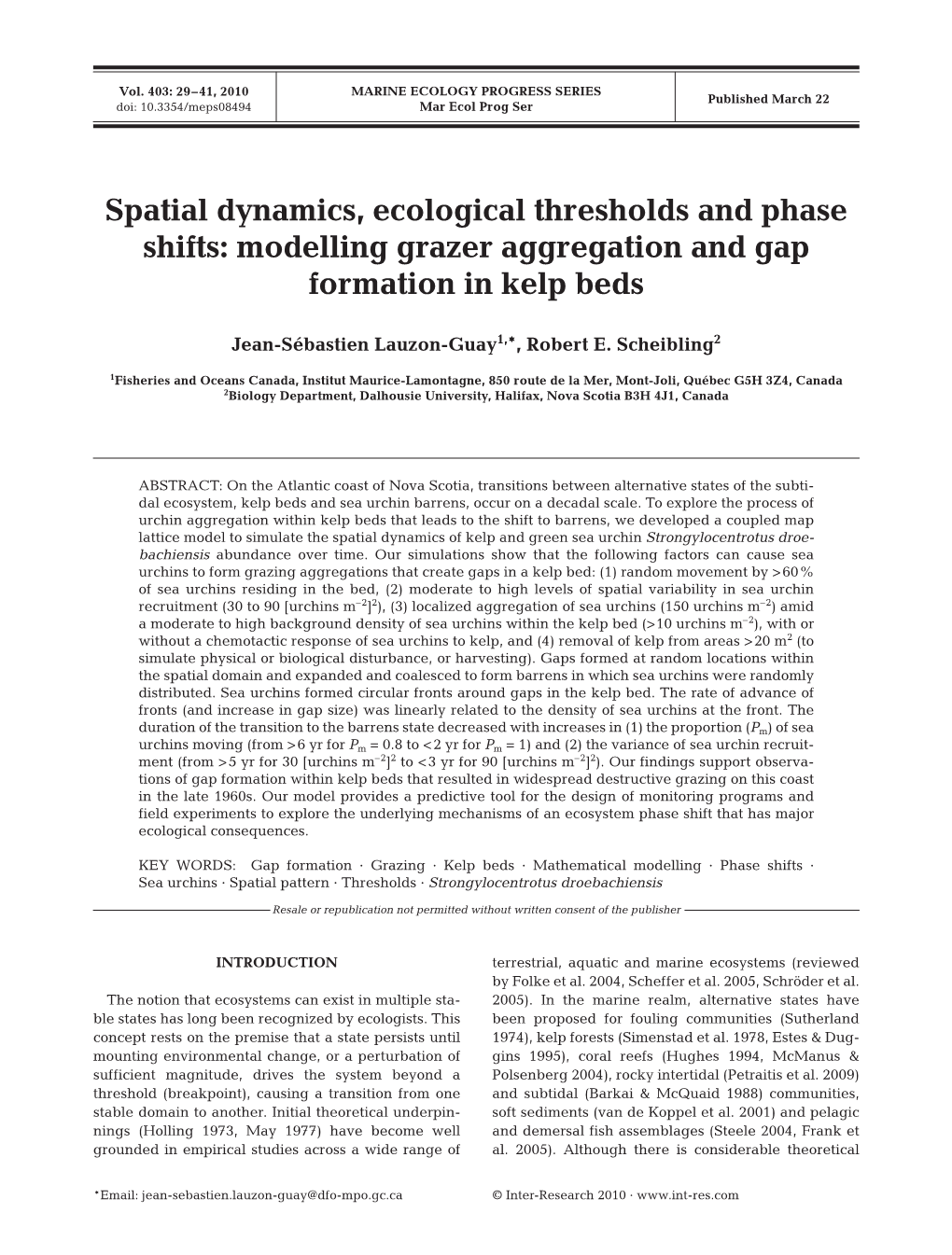 Spatial Dynamics, Ecological Thresholds and Phase Shifts:: Modelling Grazer Aggregation and Gap Formation in Kelp Beds