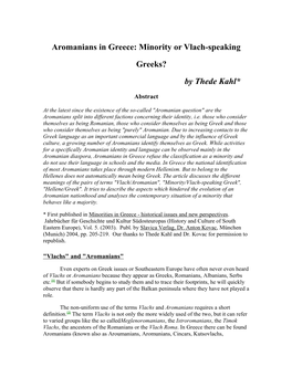 Aromanians in Greece: Minority Or Vlach-Speaking Greeks?