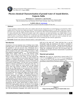 Physico Chemical Characterization of Ground Water of Anand District, Gujarat, India