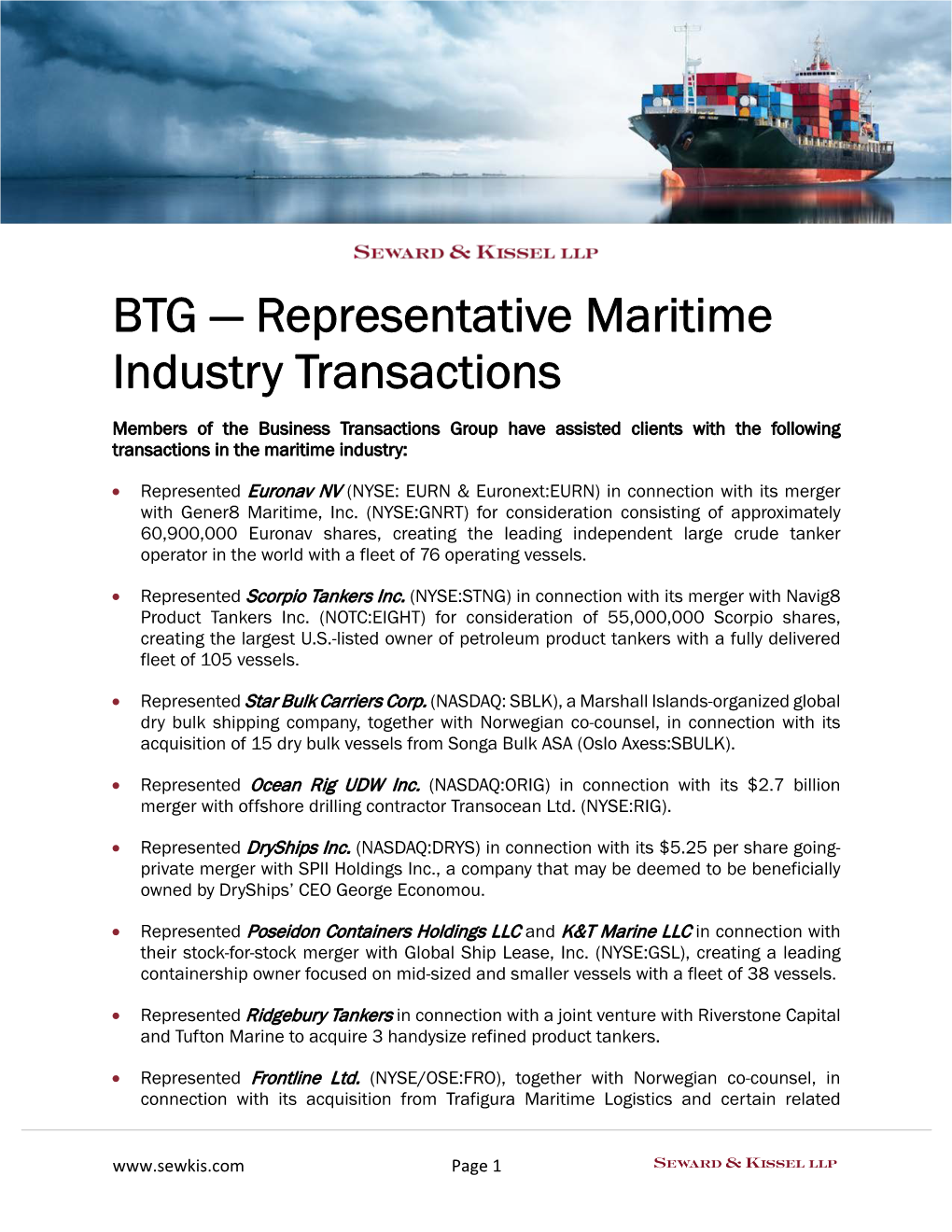 BTG ― Representative Maritime Industry Transactions
