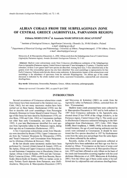 Albian Corals from the Subpelagonian Zone of Central Greece (Agrostylia, Parnassos Region)