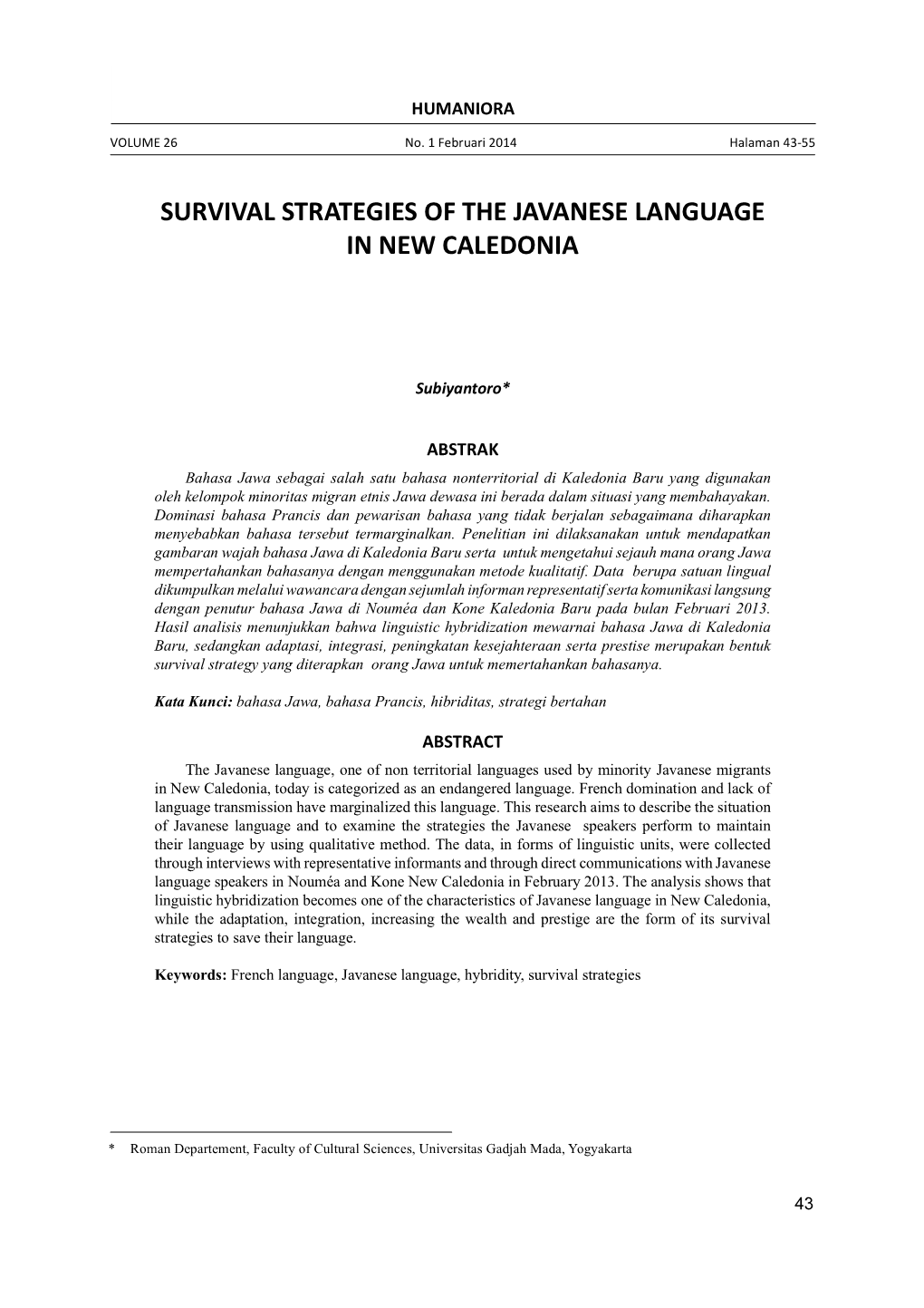 Survival Strategies of the Javanese Language in New Caledonia