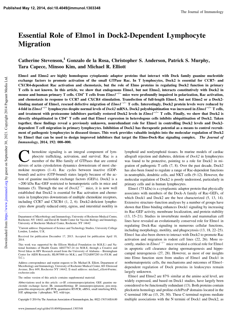 Lymphocyte Migration Essential Role of Elmo1 in Dock2-Dependent