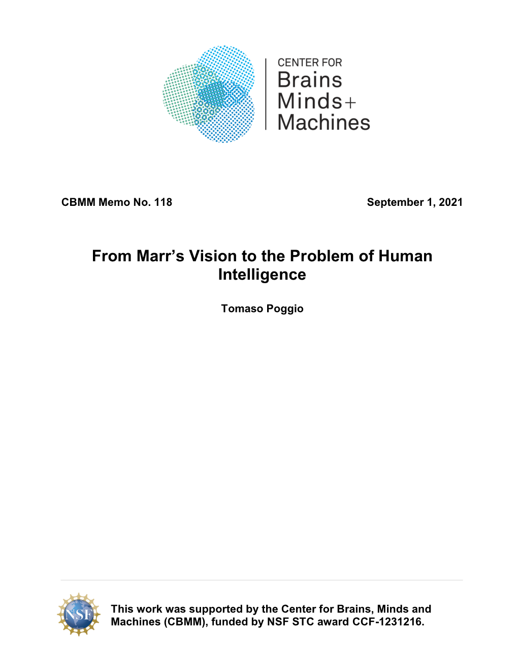 From Marr's Vision to the Problem of Human Intelligence