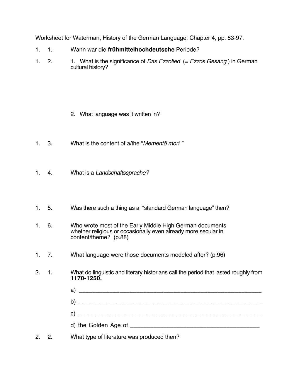 Worksheet for Waterman, History of the German Language, Chapter 4, Pp