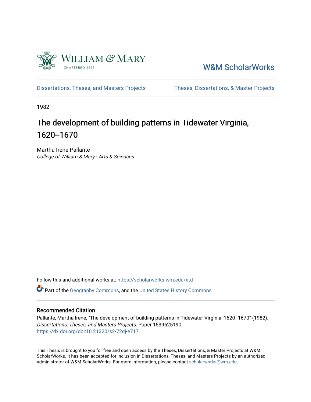 The Development of Building Patterns in Tidewater Virginia, 1620--1670