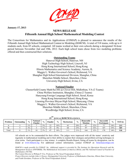 NEWS RELEASE Fifteenth Annual High School Mathematical Modeling Contest