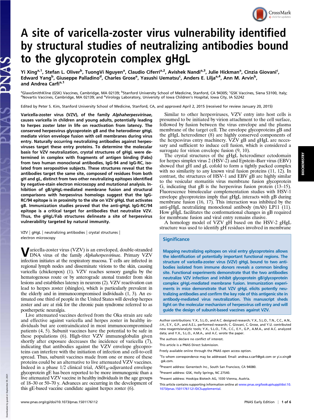 A Site of Varicella-Zoster Virus Vulnerability Identified by Structural Studies of Neutralizing Antibodies Bound to the Glycoprotein Complex Ghgl