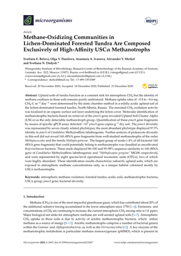 Methane-Oxidizing Communities in Lichen-Dominated Forested Tundra Are Composed Exclusively of High-Aﬃnity Uscα Methanotrophs