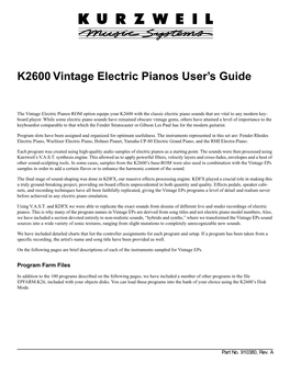 K2600 Vintage Electric Pianos User's Guide