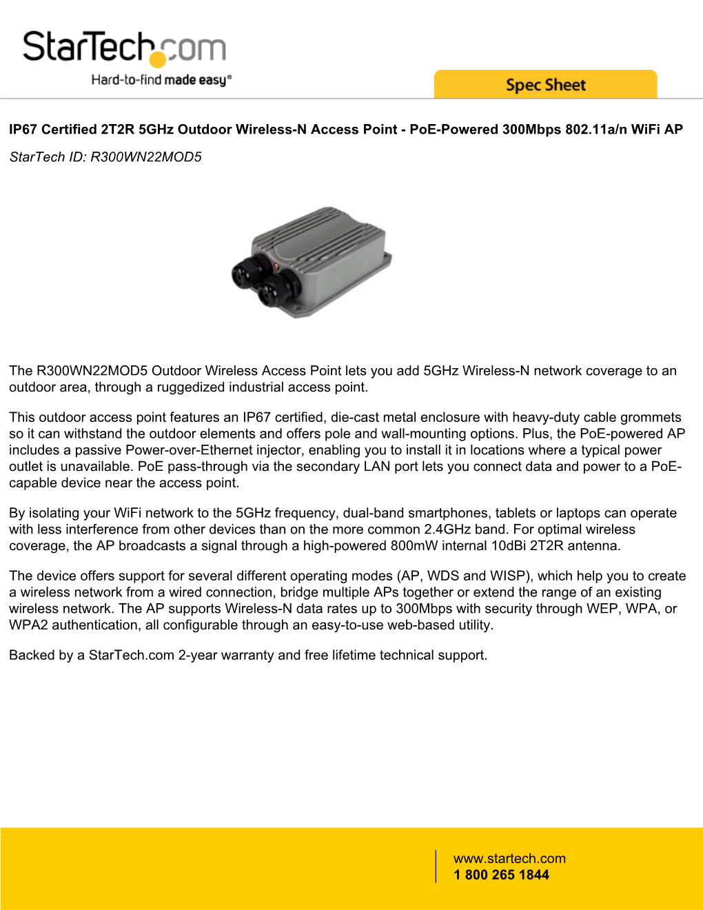 IP67 Certified 2T2R 5Ghz Outdoor Wireless-N Access Point - Poe-Powered 300Mbps 802.11A/N Wifi AP Startech ID: R300WN22MOD5